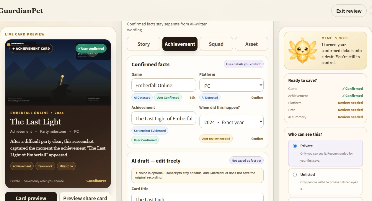 Current GuardianPet Suggested Review with confirmed facts and review items